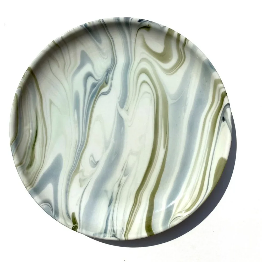 “Simone” marbleized 8” plates, set of FOUR, from Crate & Barrel.